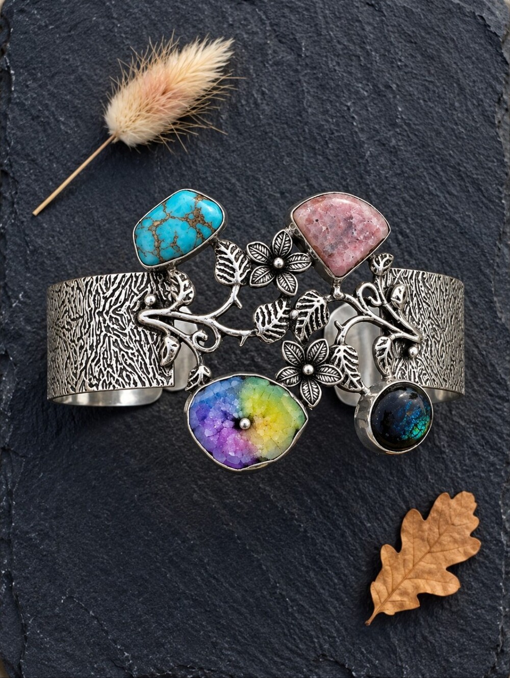 925 Sterling Silver Turquoise Druzy Rhodonite Multi Stone Cuff Bracelet 2.6"